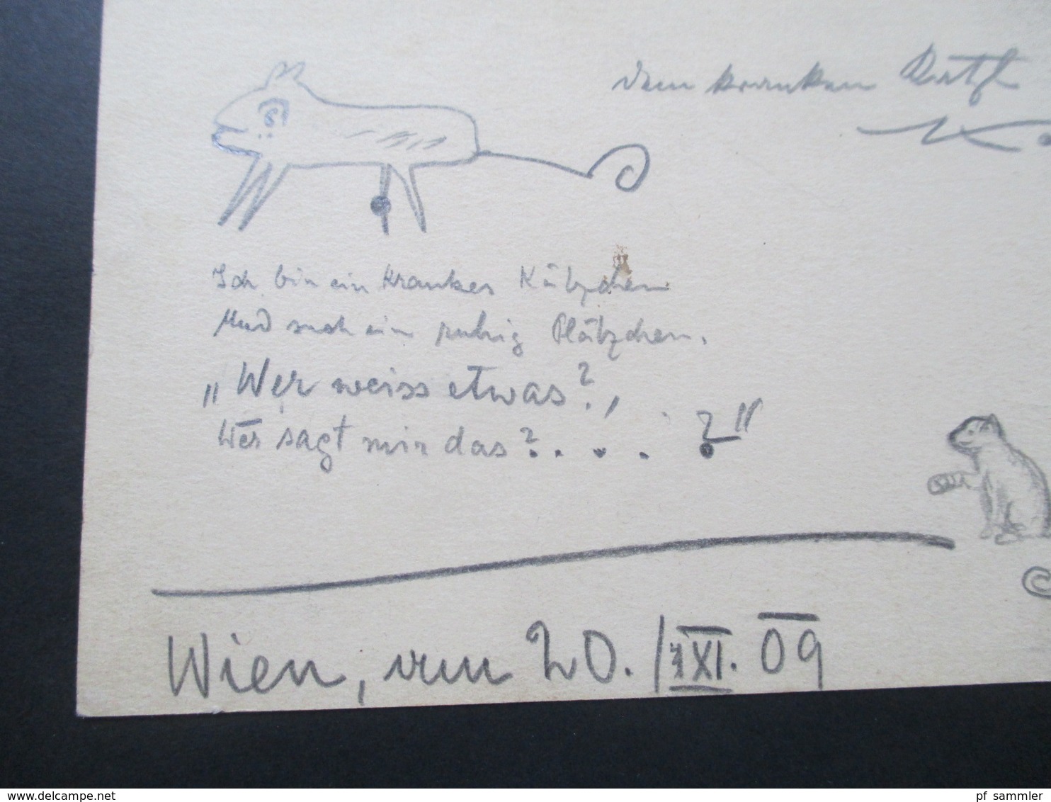 Österreich / Wien Kaffehaus Kraus 1909 GA Mit Zeichnung Und Gedicht. Porttrait Und Verletzte Katze. Signiert Pinx Petrou - Briefe U. Dokumente