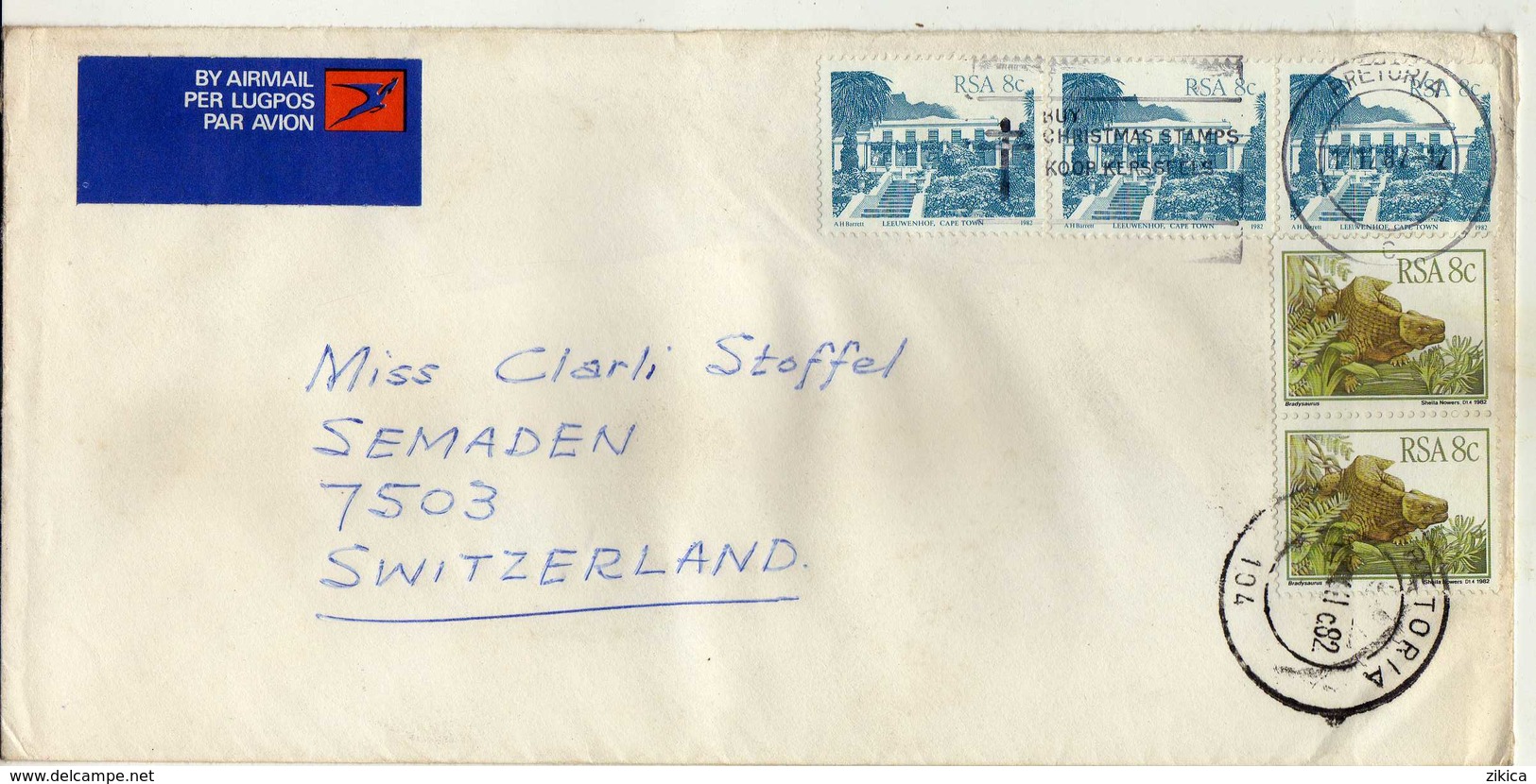South Africa Letter Via Switzerland 1982.Air Mail Label.stamps Motive - South African Architecture And Dinosaurs - Briefe U. Dokumente