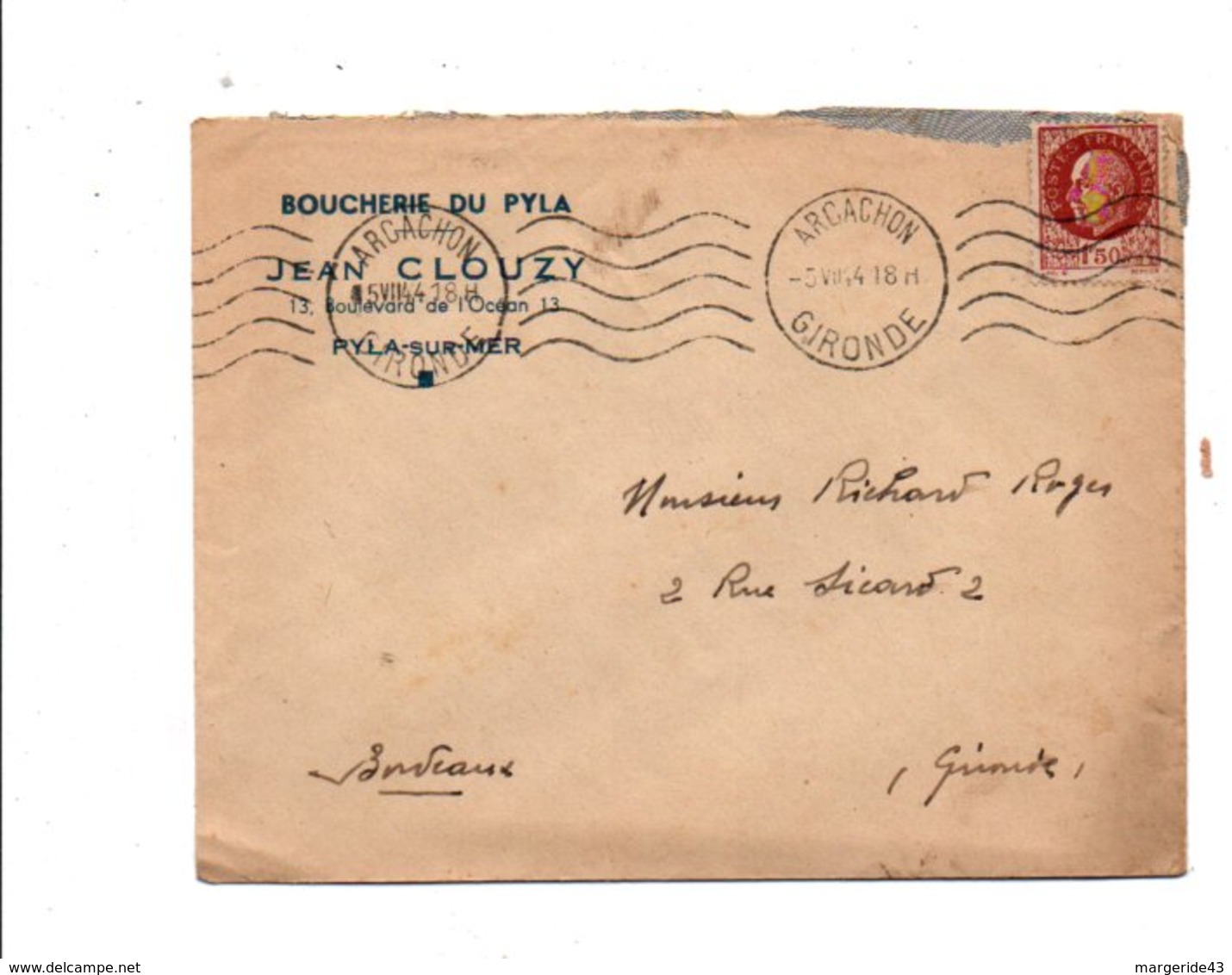 PETAIN SUR LETTRE A EN TETE DE PYLA SUR MER 1944 - 1921-1960: Période Moderne