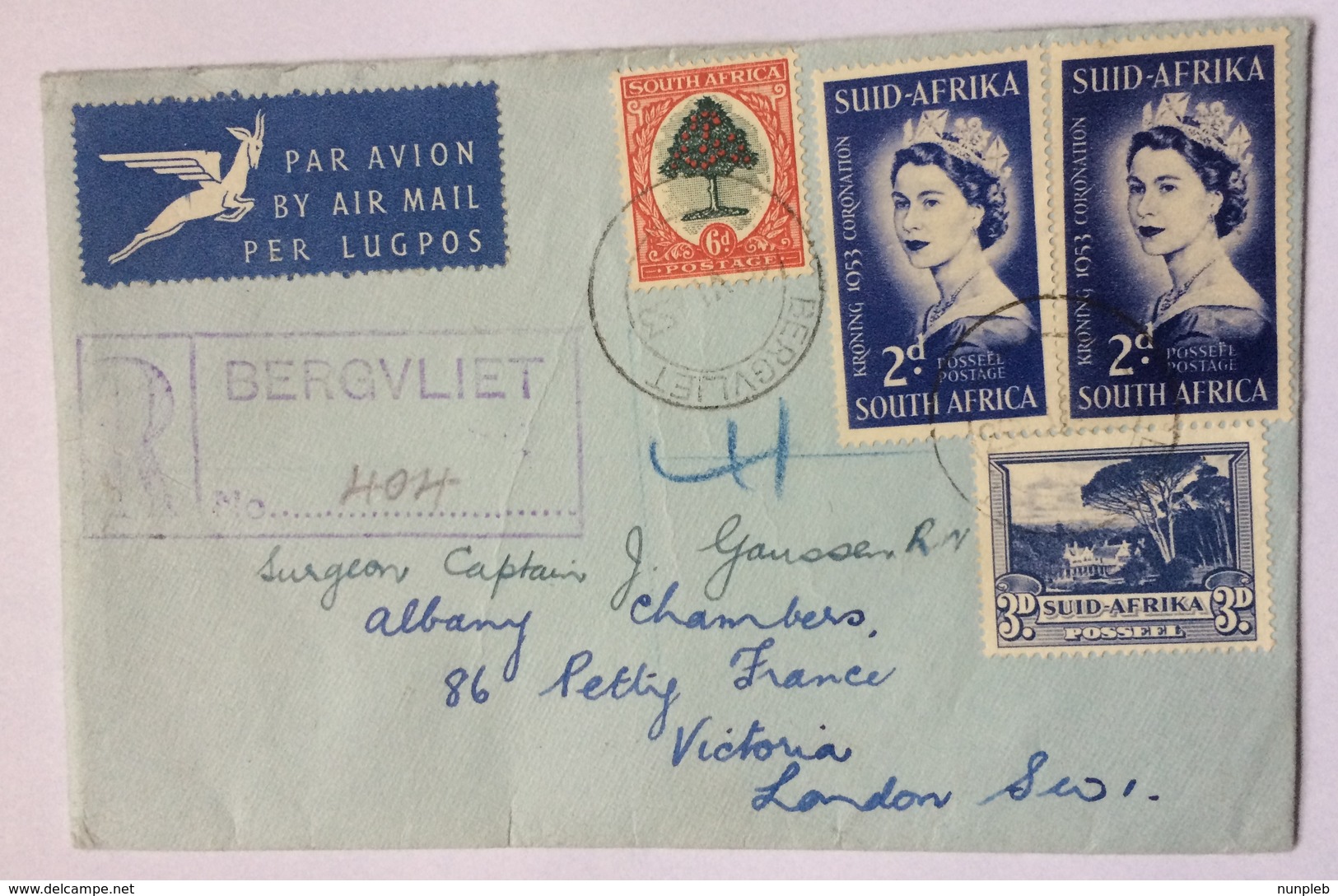 SOUTH AFRICA 1953 Registered Bergvliet Cover Air Mail To London England - Poste Aérienne