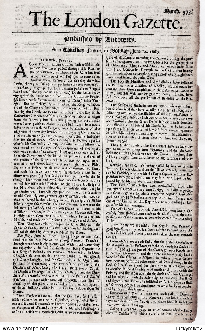 1669 London Gazette, Number 373, A 350 Year Old, Single Sheet, Newspaper.  Ref 0580 - Zeitungscomics