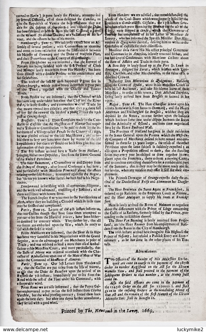 1669 London Gazette, Number 373, A 350 Year Old, Single Sheet, Newspaper.  Ref 0580 - Newspaper Comics