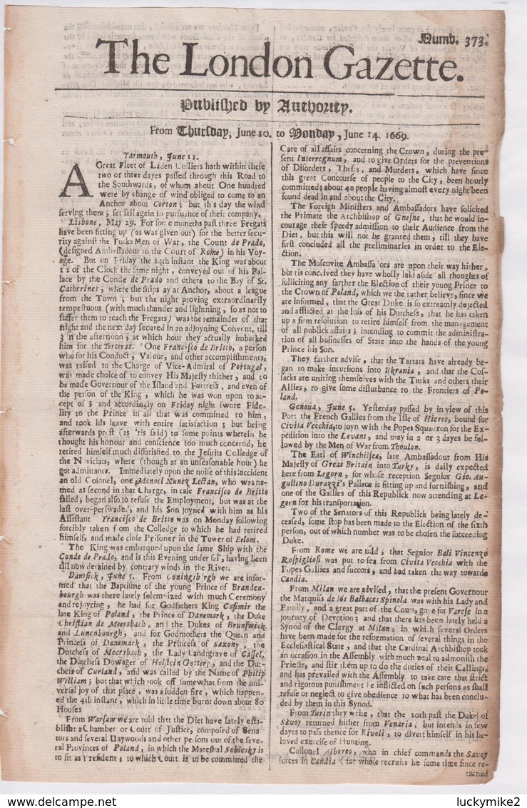 1669 London Gazette, Number 373, A 350 Year Old, Single Sheet, Newspaper.  Ref 0580 - Newspaper Comics