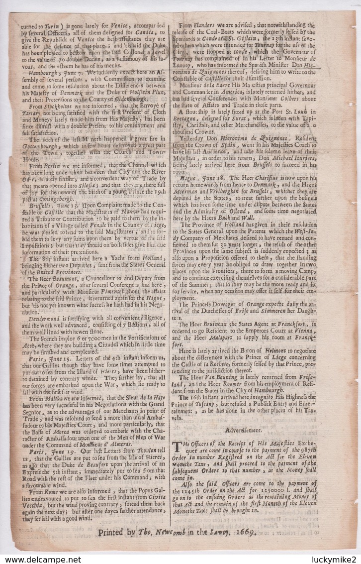 1669 London Gazette, Number 373, A 350 Year Old, Single Sheet, Newspaper.  Ref 0580 - BD Journaux