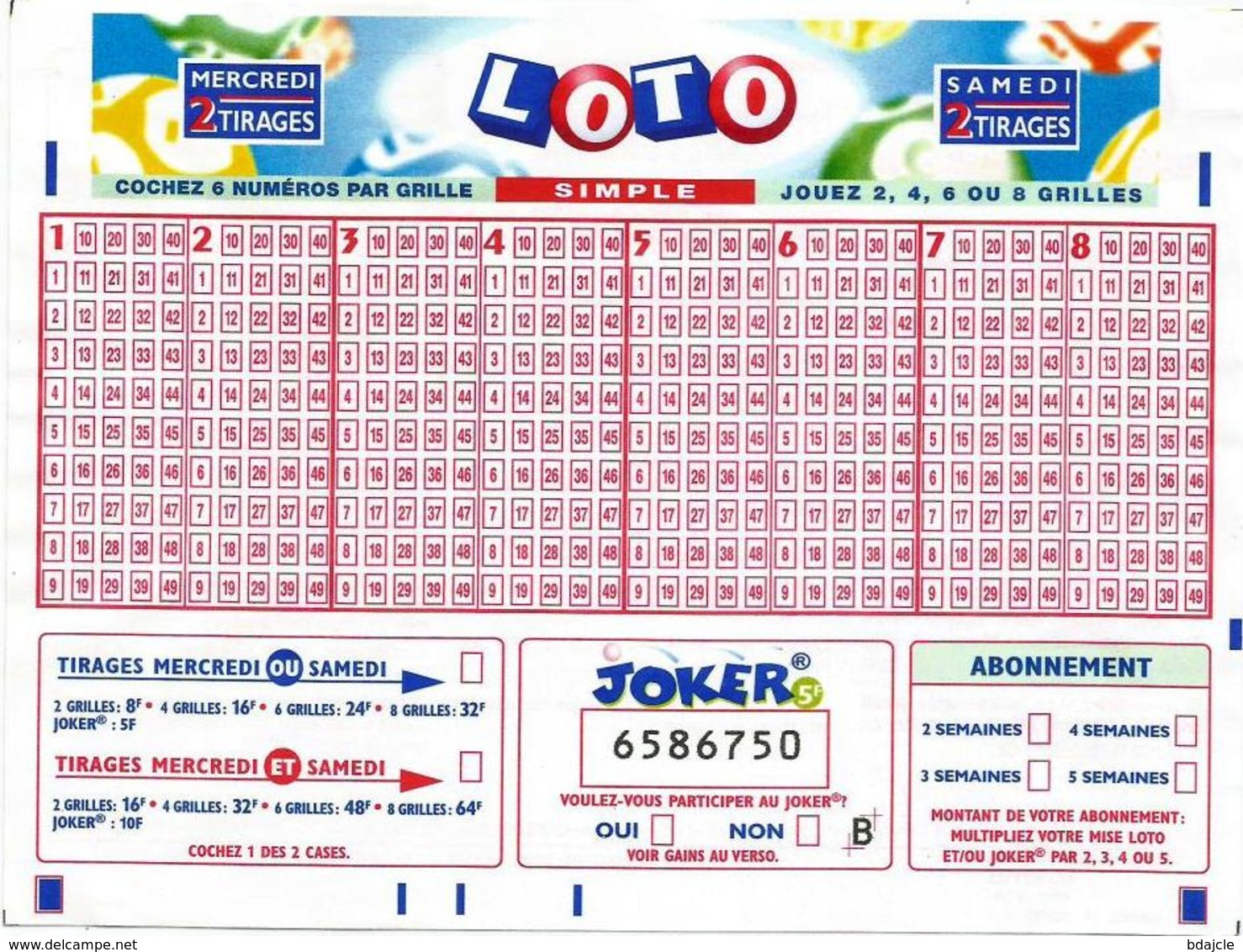 Grilles De Loto En Francs - Année 2000 - Lotterielose