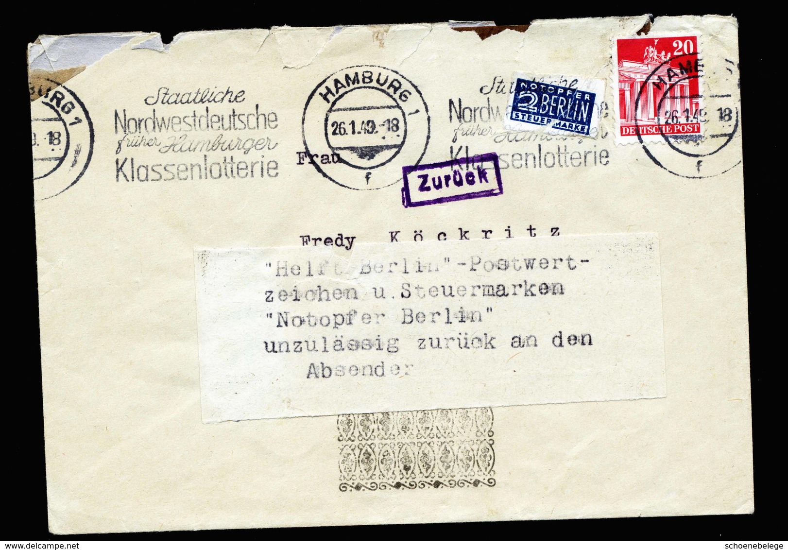 A5585) Bizone Postkrieg Brief Hamburg 26.01.49 ZURÜCK Mit Hinweiszettel Notopfer - Autres & Non Classés