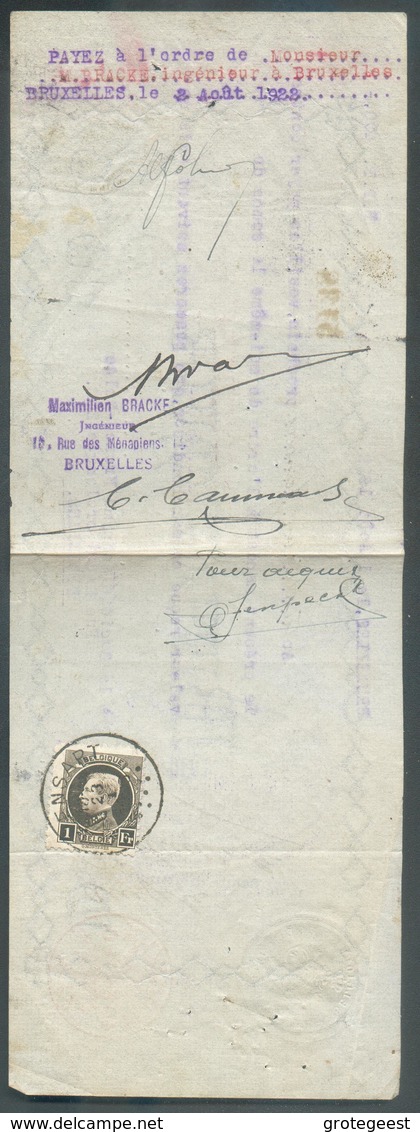 N°214 - 1Fr. Brun Obl. Sc RIXENSART Sur Traite Du 1 Août 1922 Pour Une Somme De 400 Frs  - 13141 - 1921-1925 Small Montenez