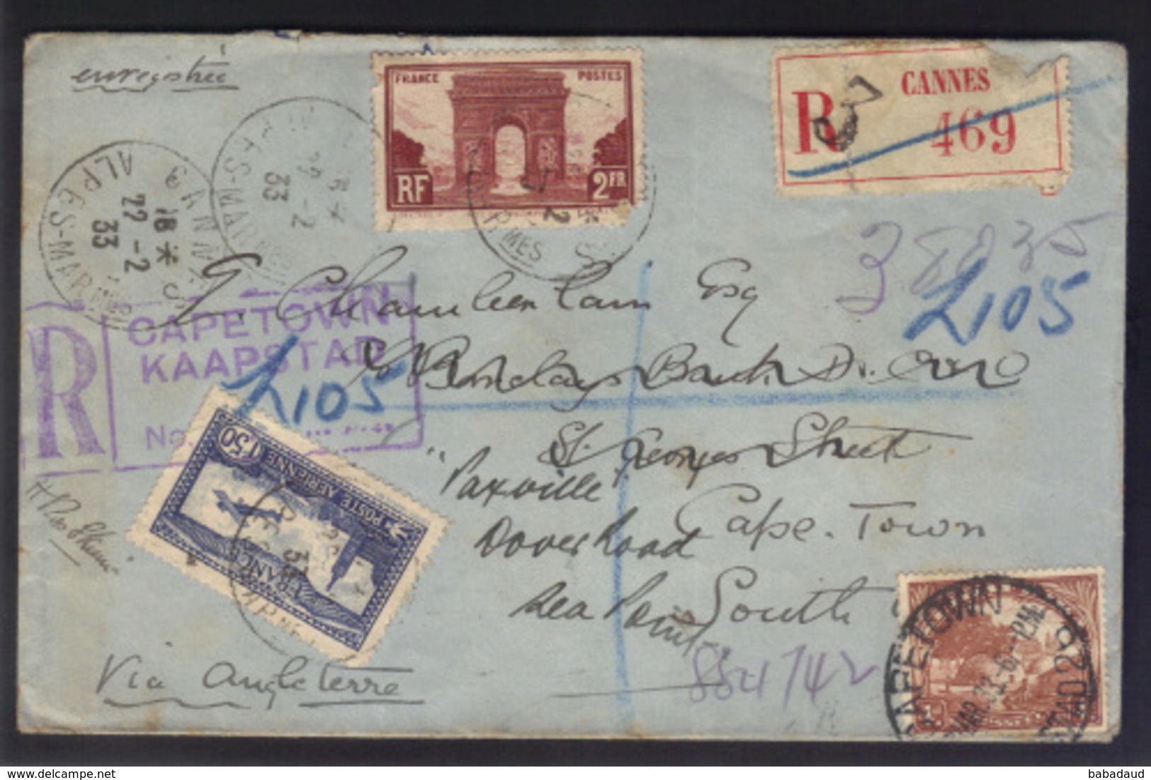 France, Registered, 3fr50 CANNES 22.2.33 > CAPETOWN + SA 3d > SeaPoint (CapeTown) - Covers & Documents