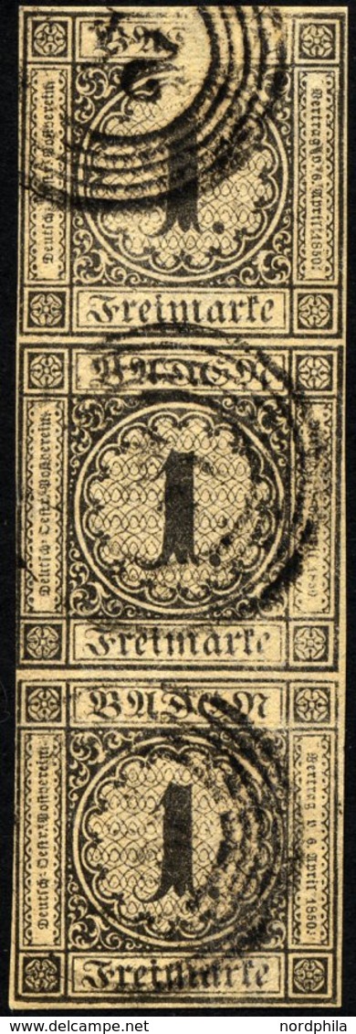 BADEN 1b O, 1851, 1 Kr. Schwarz Auf Braun, Nummernstempel 24, Im Senkrechten Fast Allseits Vollrandigen Dreierstreifen,  - Other & Unclassified