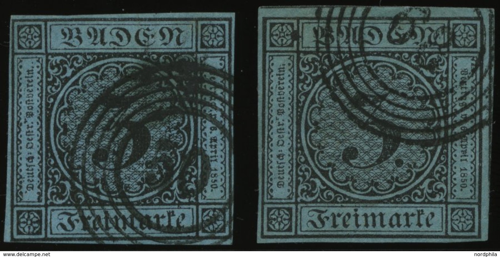 BADEN 8 O, 1858, 3 Kr. Schwarz Auf Blau, 2 Voll-überbreitrandige Kabinettwerte In Verschiedenen Farbnuancen - Sonstige & Ohne Zuordnung