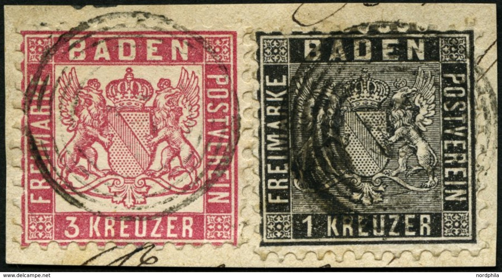 BADEN 13a,18 BrfStk, 1862, Mischfrankatur: 1 Kr. Schwarz Und 3 Kr. Hellrot, Prachtbriefstück, Gepr. Flemming - Autres & Non Classés