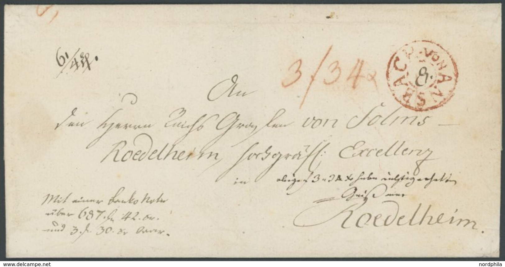 BAYERN ANSBACH, Roter Fahrpost-K2, Auf Gesiegeltem Paketbegleitbrief (1800) Mit Taxvermerken Nach Roedelheim, Pracht - Préphilatélie