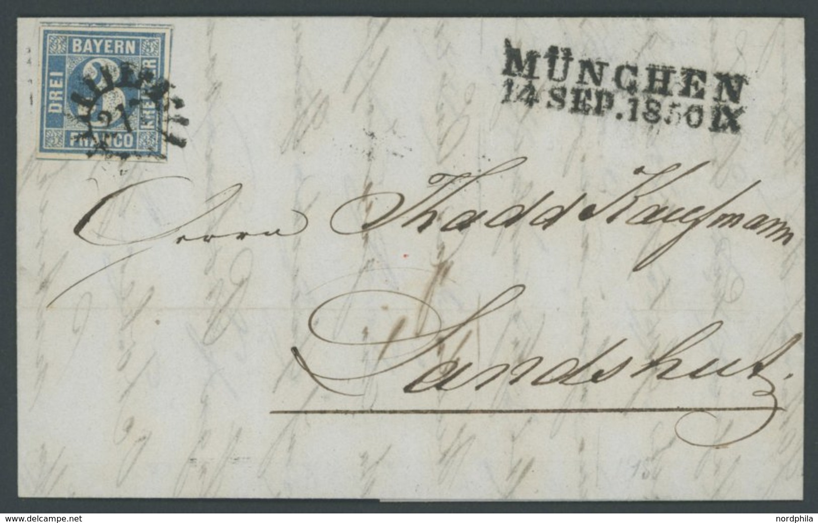 BAYERN 2Ia BRIEF, 1850, 3 Kr. Blau, Platte 1, Voll-breitrandig Mit 3 Schnittlinien, Mit MR-Stempel 217 Von MÜNCHEN Nach  - Other & Unclassified