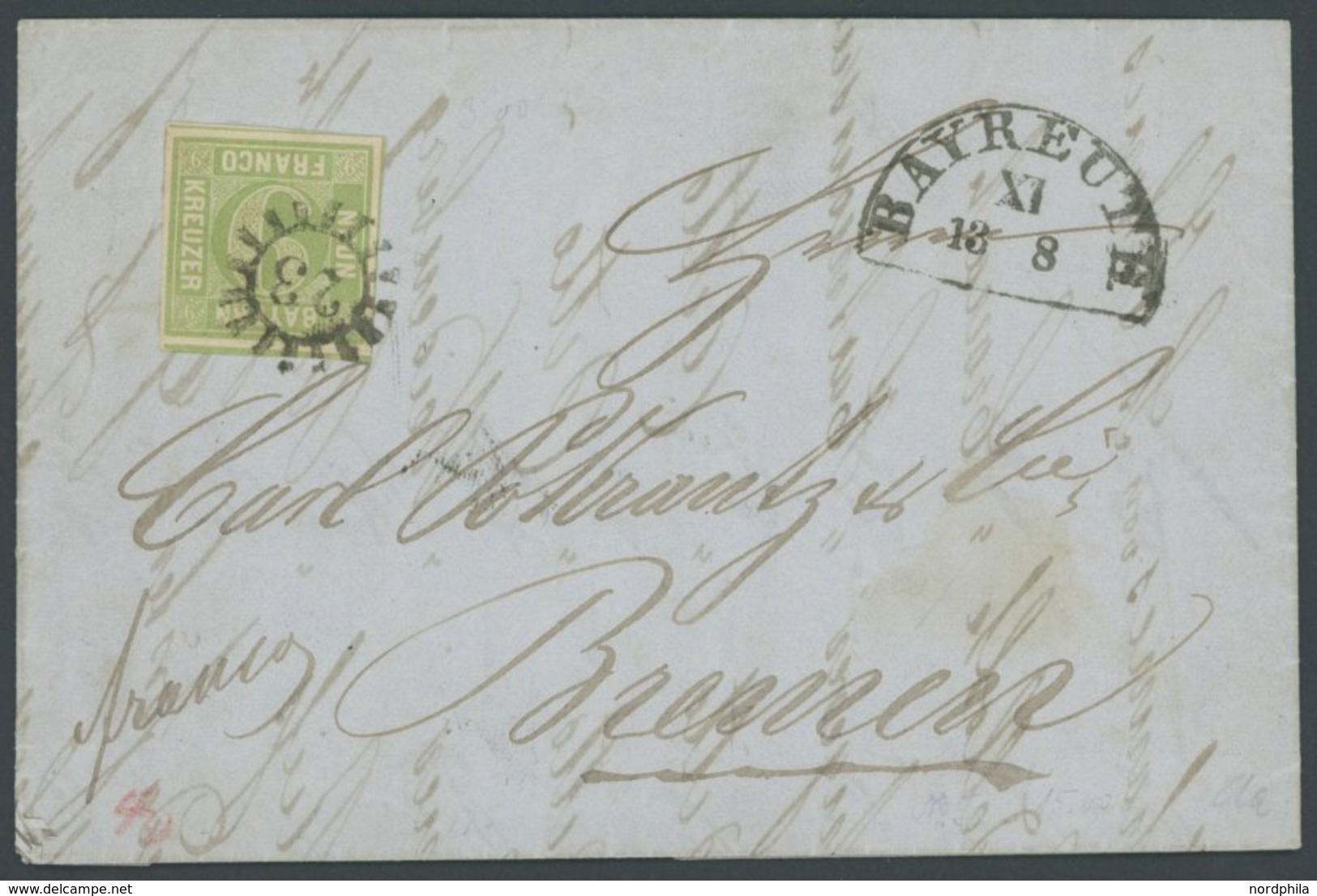 BAYERN 5c BRIEF, 1855, 9 Kr. Maigrün, Allseits Breitrandig Auf Kabinettbrief Von BAYREUTH Nach Bremen, Gepr. Brettl - Sonstige & Ohne Zuordnung