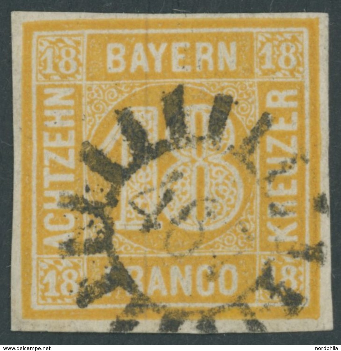 BAYERN 7 O, 1854, 18 Kr. Gelblichorange, Mühlrad-Stempel 467, Repariert Wie Pracht - Autres & Non Classés
