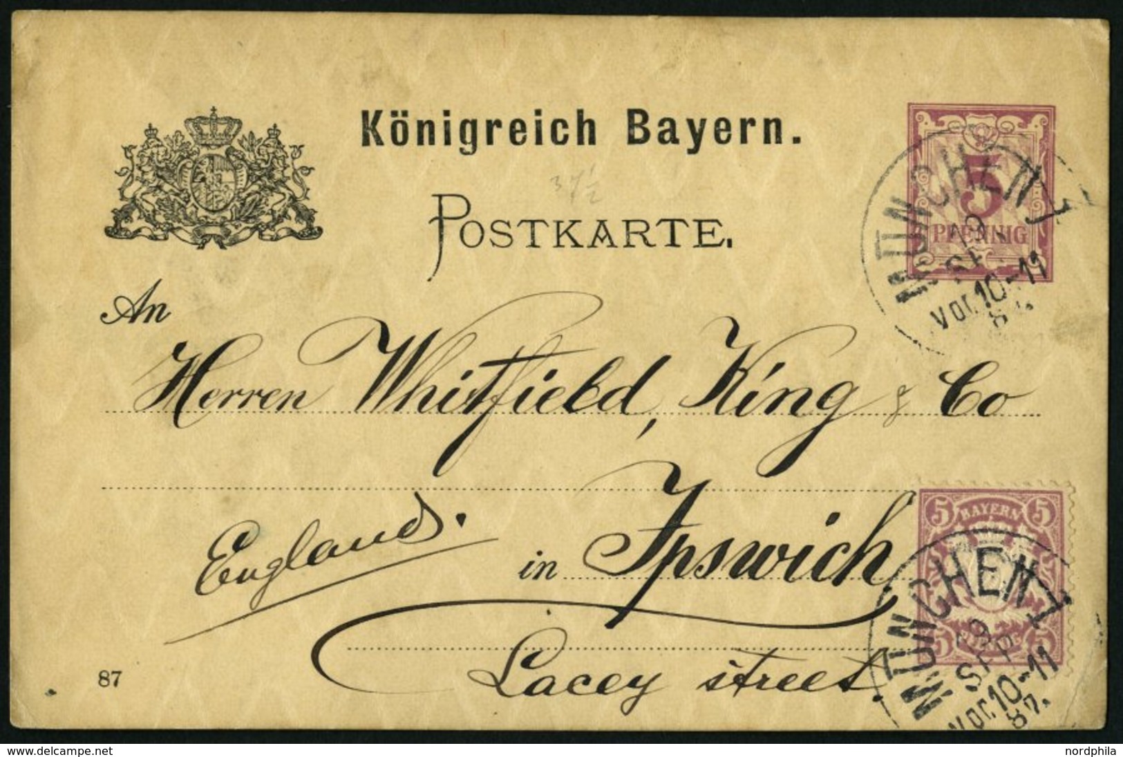 BAYERN 48 BRIEF, 1887, 5 Pf. Mittelgraupurpur Als Zusatzfrankatur Auf 5 Pf. Ganzsachenkarte (P 30), Prachtkarte Von MÜNC - Other & Unclassified