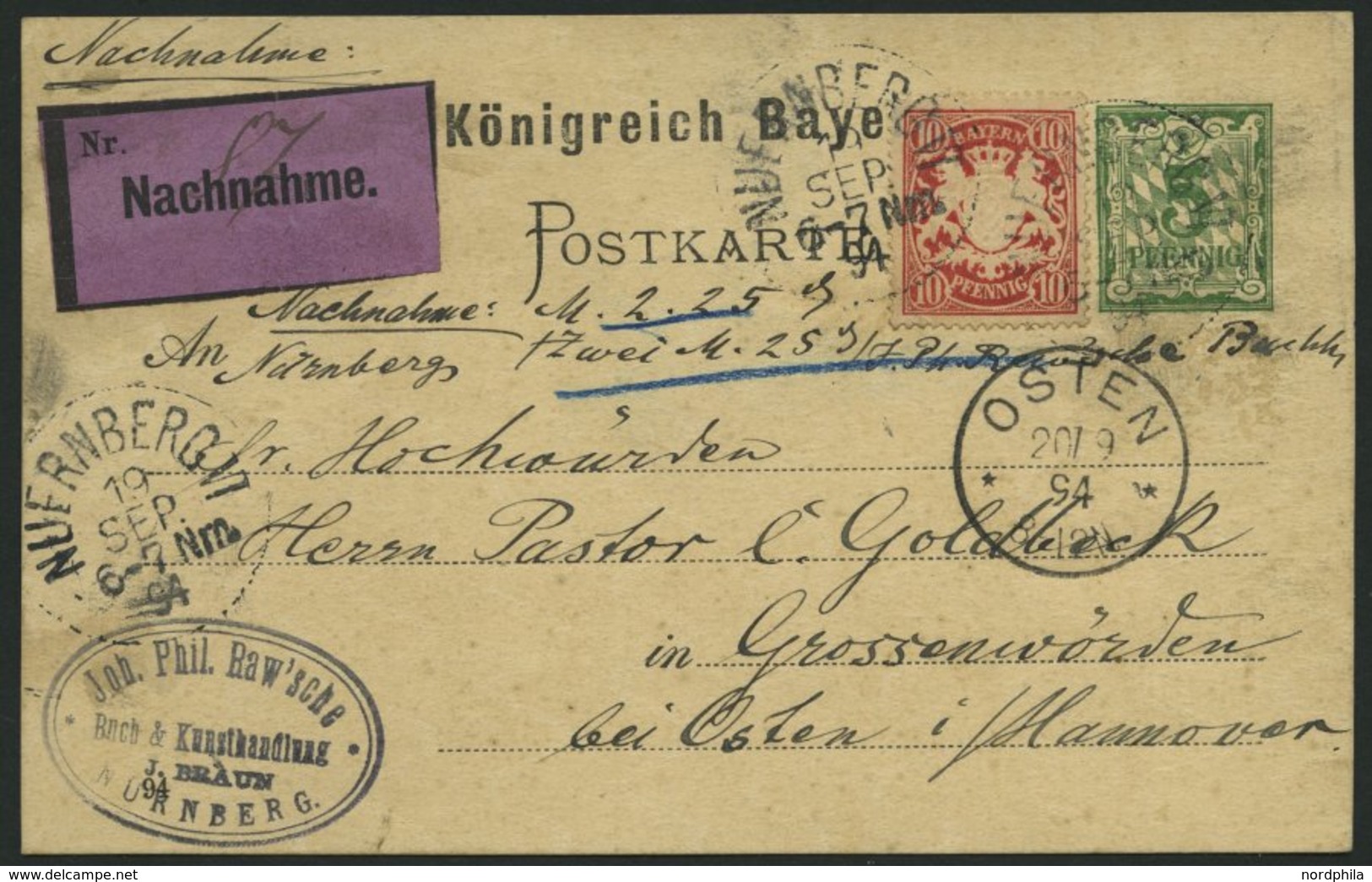 BAYERN 56By,P 38 BRIEF, 1894, 10 Pf. Karminrot, Als Zusatzfrankatur Auf 5 Pf. Ganzsachenkarte, Nachnahmekarte Von NÜRNBE - Otros & Sin Clasificación