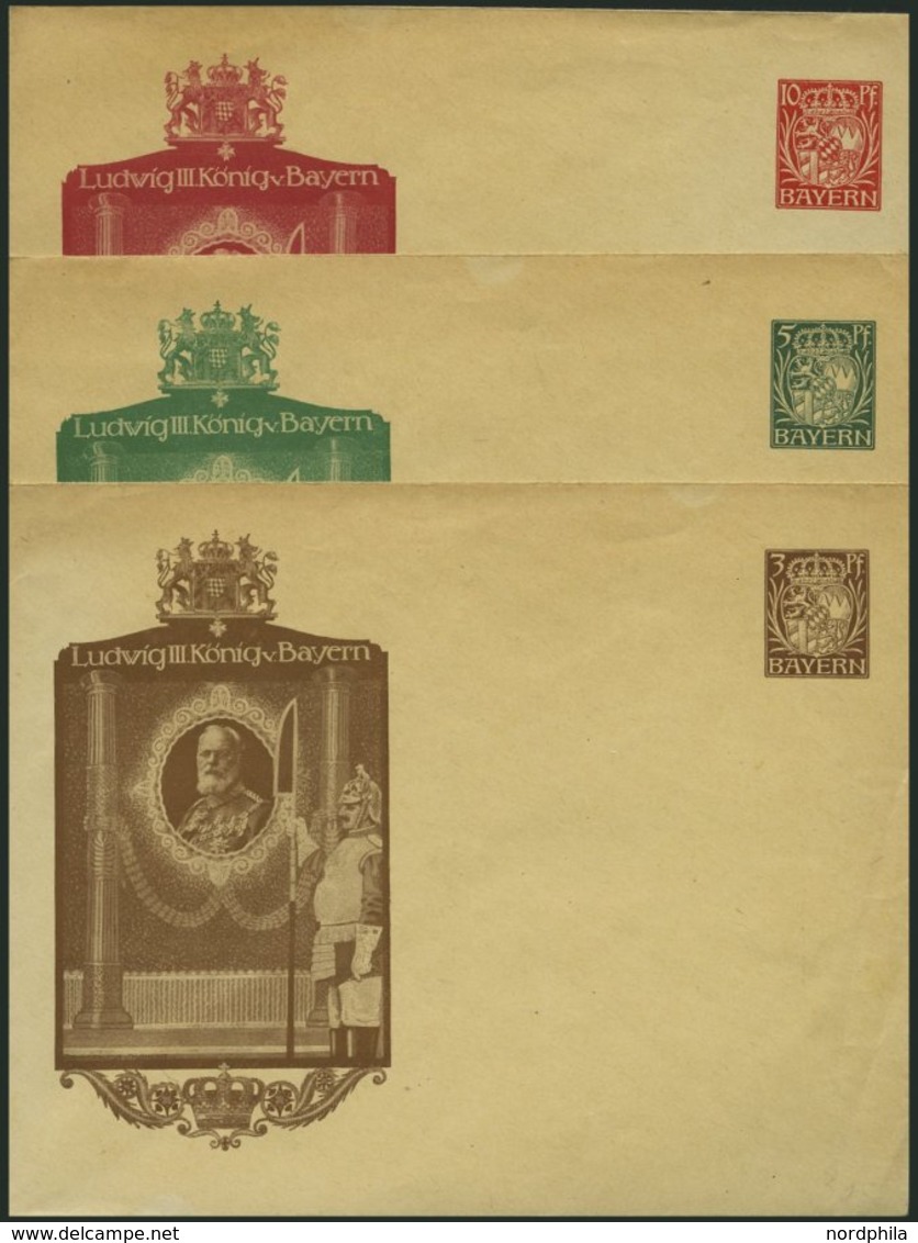 BAYERN PU 31/2,34 BRIEF, Privatpost: 1914, 3, 5 Und 10 Pf. Wappen Ludwig III. König V. Bayern, Ungebraucht, 3 Prachtumsc - Autres & Non Classés