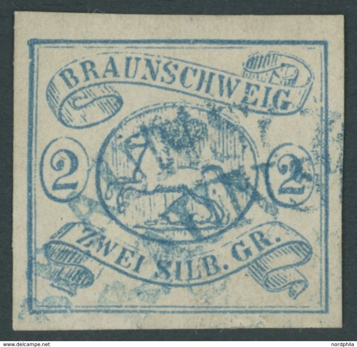 BRAUNSCHWEIG 2 O, 1852, 2 Sgr. Lebhaftpreußischblau, Blaue Halbkreisstempel, Pracht, Mi. 350.- - Braunschweig