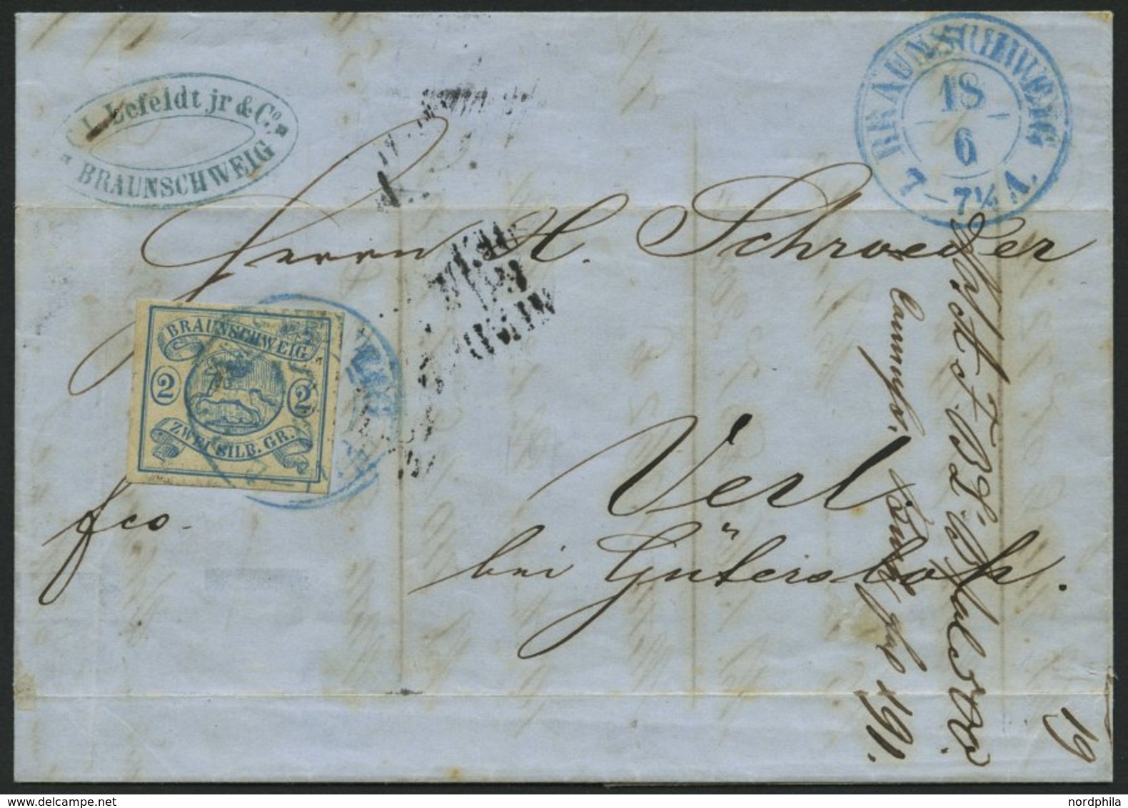 BRAUNSCHWEIG 2 BRIEF, 1852, 2 Sgr. Lebhaftpreußischblau Mit Blauem K2 BRAUNSCHWEIG, Breitrandiges Prachtstück Auf Brief  - Braunschweig