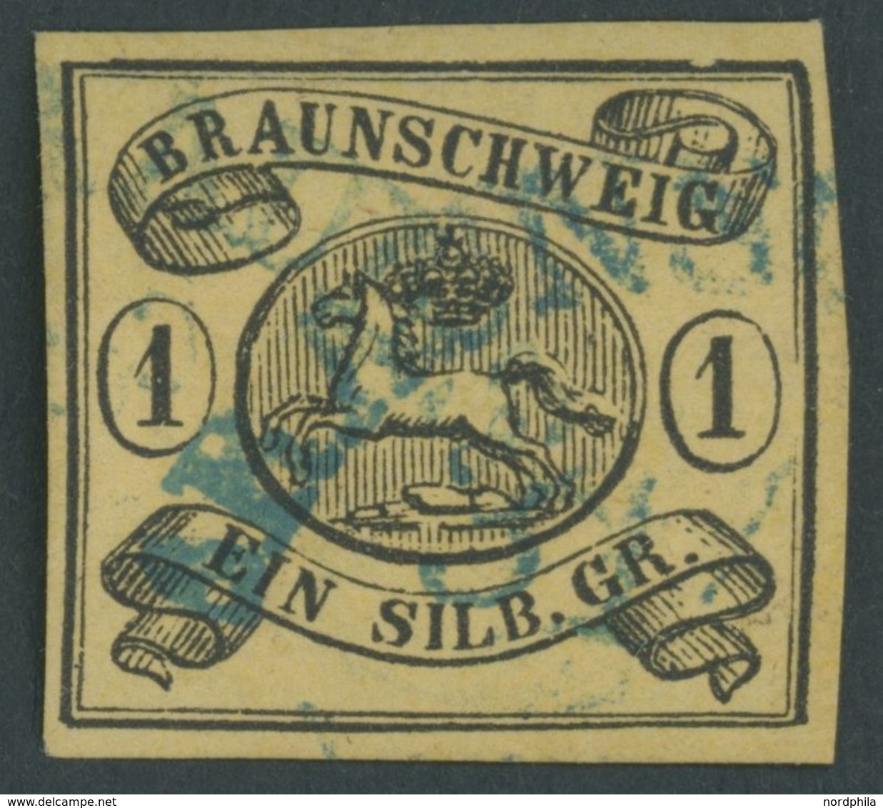 BRAUNSCHWEIG 6aY O, 1853, 1 Sgr. Schwarz Auf Sämisch, Wz. Mundstück Nach Links, Blauer Halbkreisstempel, Kabinett, Mi. 1 - Braunschweig