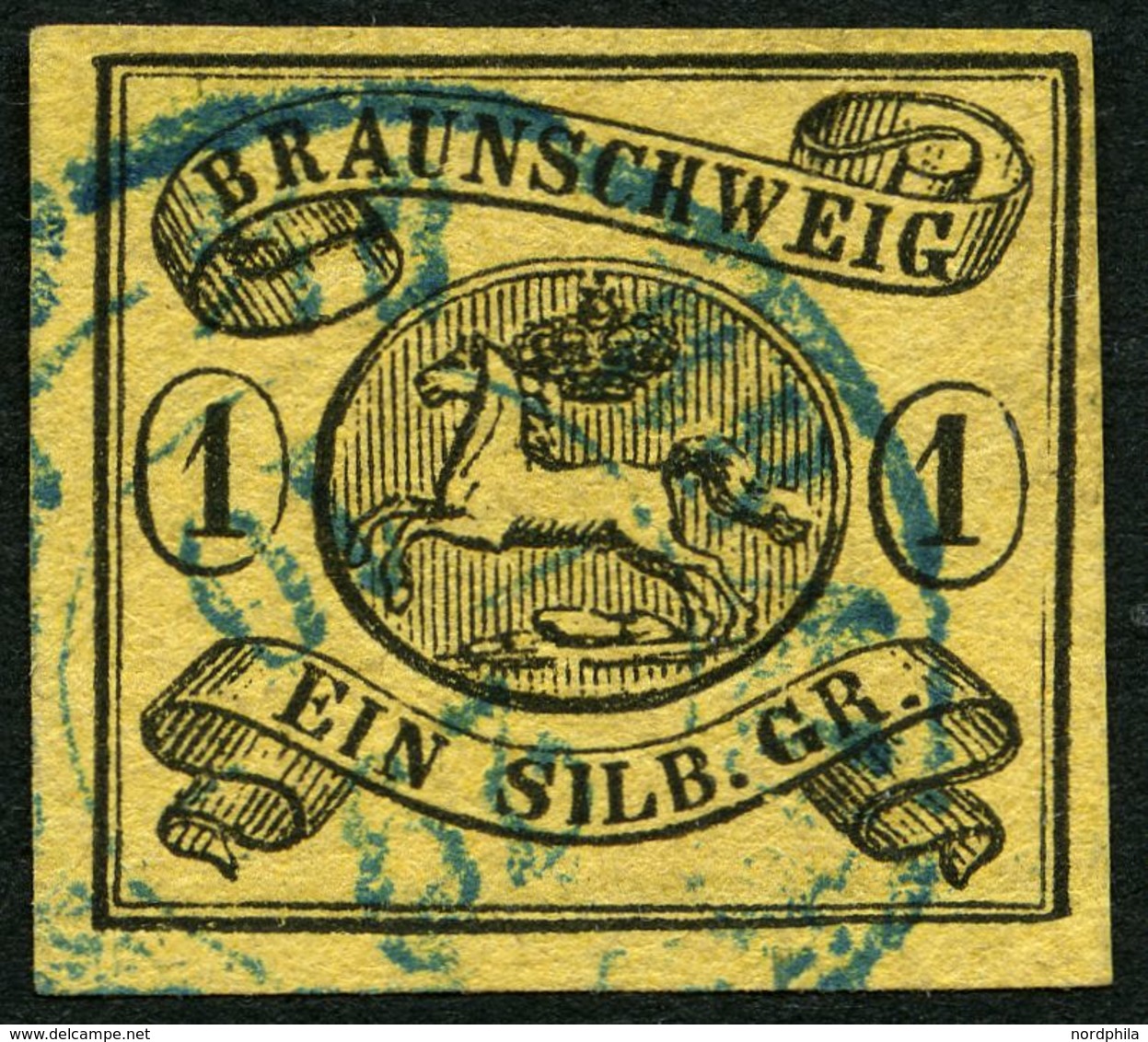 BRAUNSCHWEIG 6aY O, 1853, 1 Sgr. Schwarz Auf Sämisch, Wz. Mundstück Nach Links, Pracht, Mi. 120.- - Brunswick