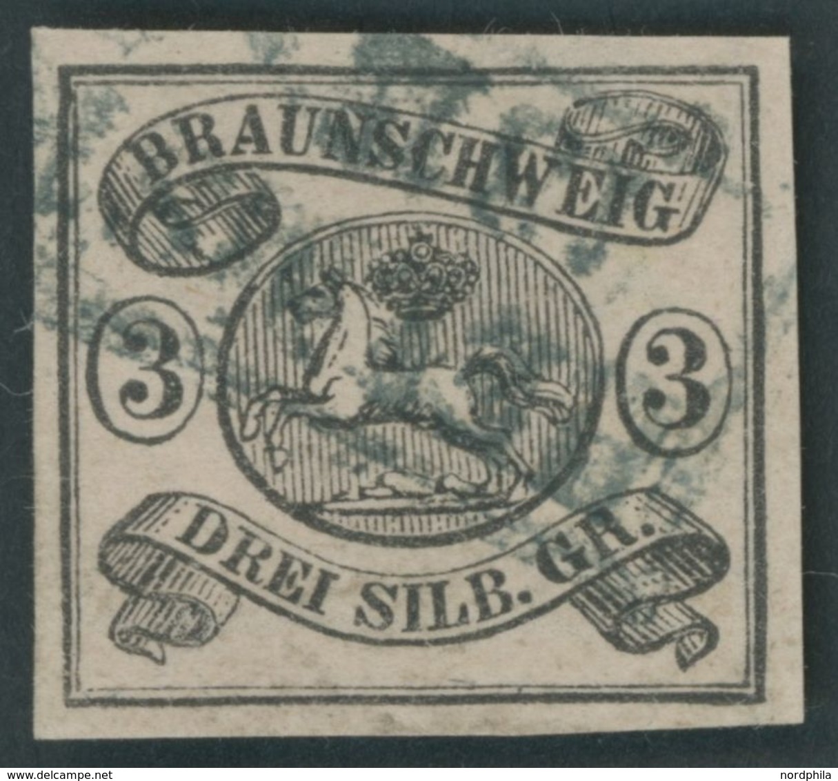 BRAUNSCHWEIG 8a O, 1853, 3 Sgr. Schwarz Auf Mattrosa, R2 HELMSTEDT, Kleine Mängel, Feinst - Braunschweig