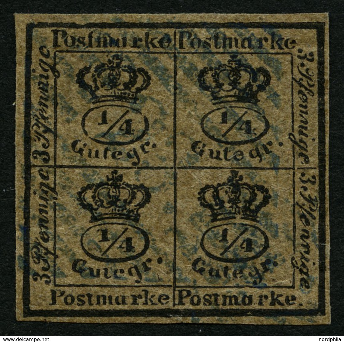 BRAUNSCHWEIG 9a O, 1857, 4/4 Ggr. Schwarz Auf Graubraun, Seltener Blauer Nummernstempel 23 (HOHEGEISS), Unten Minimaler  - Brunswick