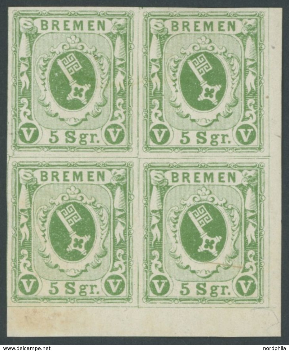 BREMEN 4c VB *, 1859, 5 Sgr. Grün Im Viererblock Aus Der Rechten Unteren Bogenecke, Pracht - Bremen
