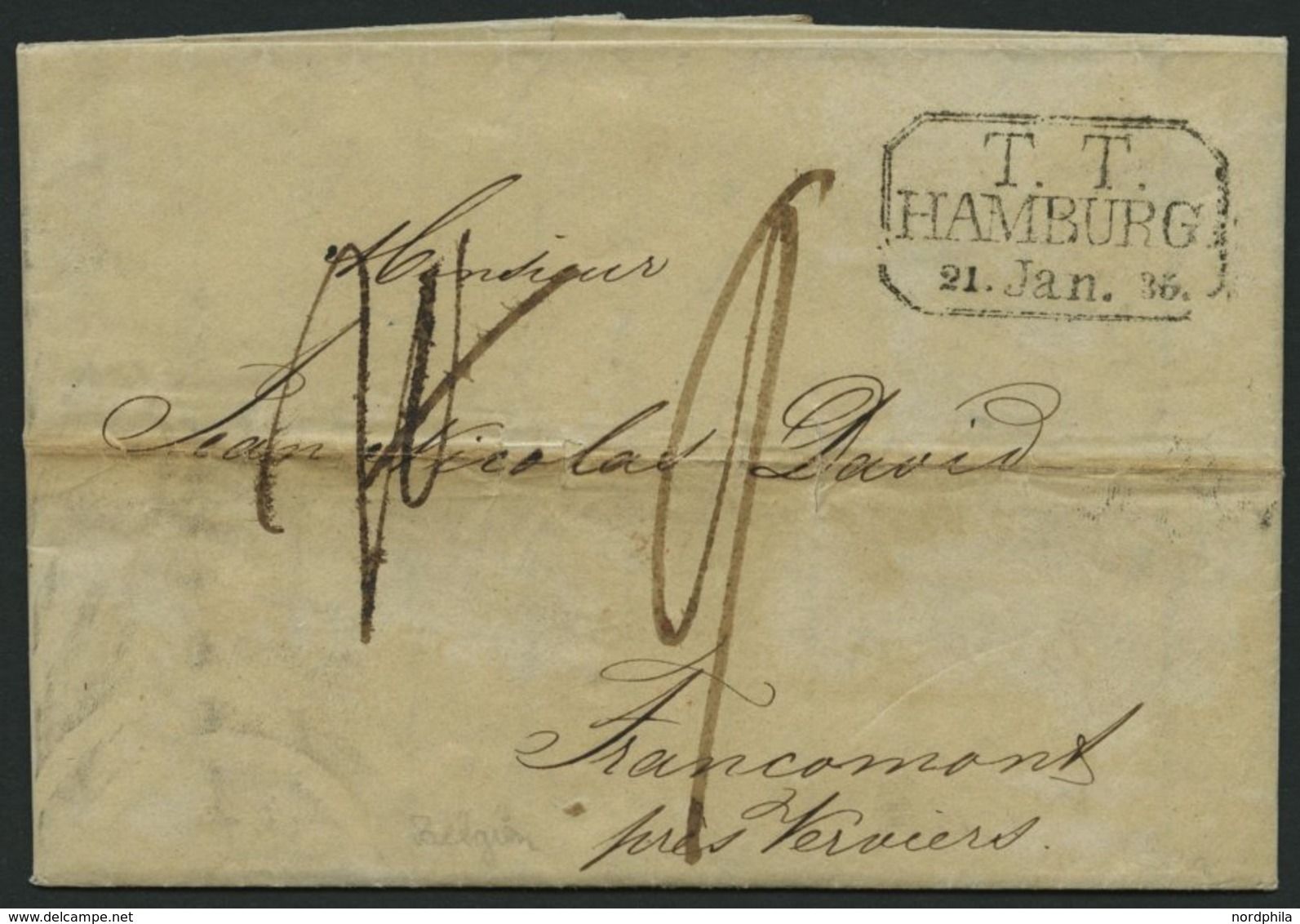 HAMBURG - THURN UND TAXISCHES O.P.A. 1835, T.T. HAMBURG, R3 Auf Brief Von Altona Nach Francomont, Registraturbug, Feinst - Other & Unclassified