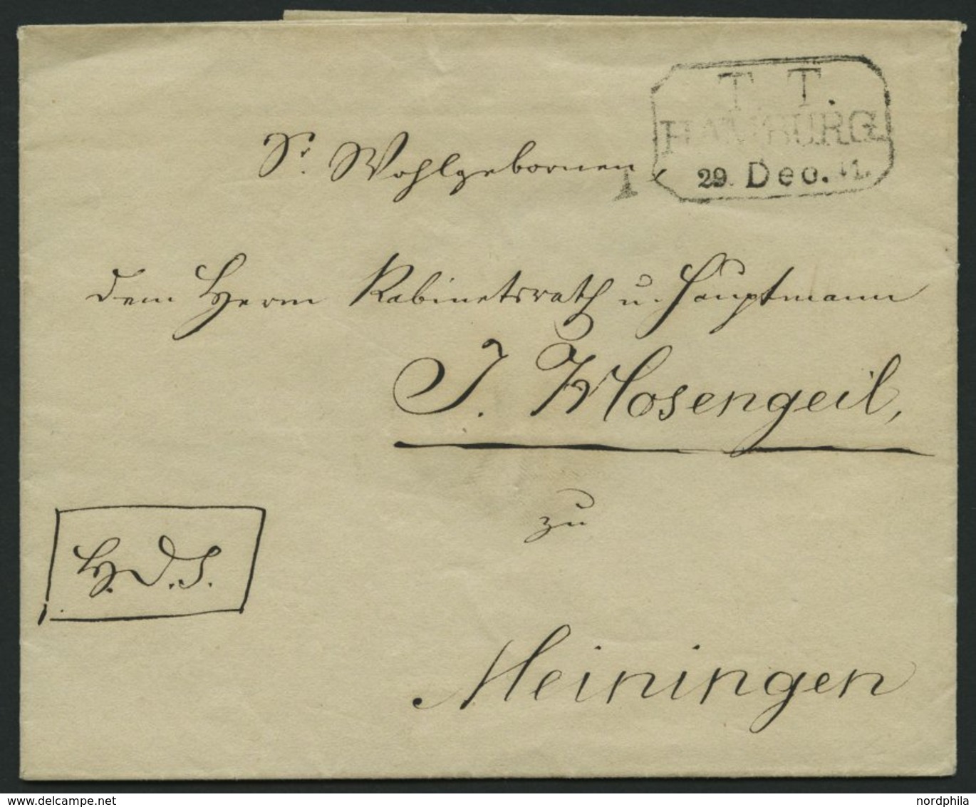 HAMBURG - THURN UND TAXISCHES O.P.A. 1842, T.T. HAMBURG, R3 Auf Brief Per K.D.S. Nach Heiningen, Pracht - Autres & Non Classés