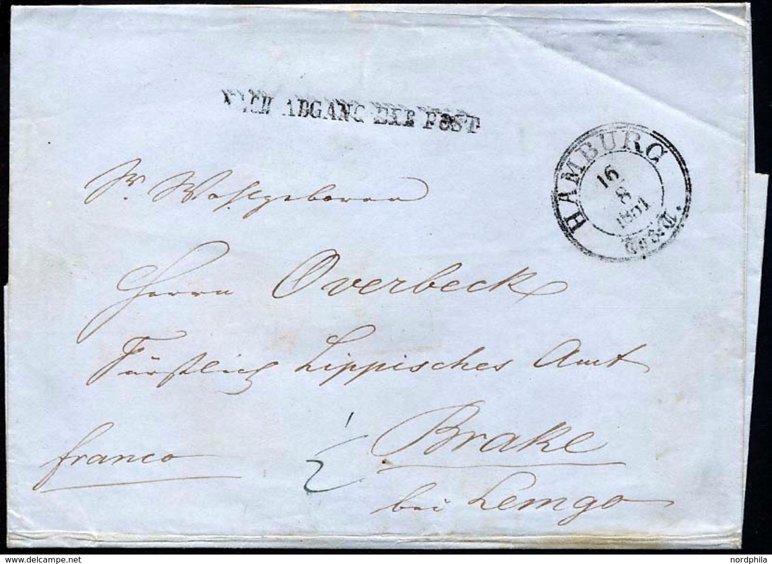 HAMBURG - THURN UND TAXISCHES O.P.A. 1851, HAMBURG Th.& T., K3 Auf Brief Mit L1 NACH ABGANG DER POST Nach Brake, Rücksei - Sonstige & Ohne Zuordnung