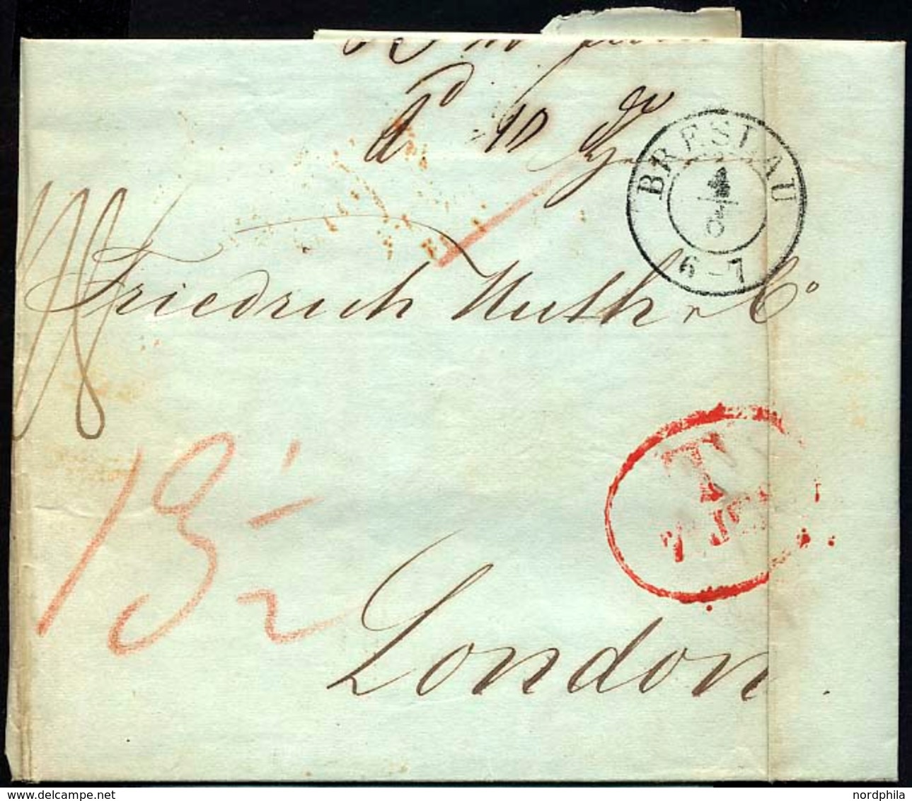 HAMBURG - GRENZÜBERGANGSSTEMPEL 1842, T 7 JUN, In Rot Auf Brief Von Breslau (K2) Nach London, Rückseitiger Durchgangsste - Precursores