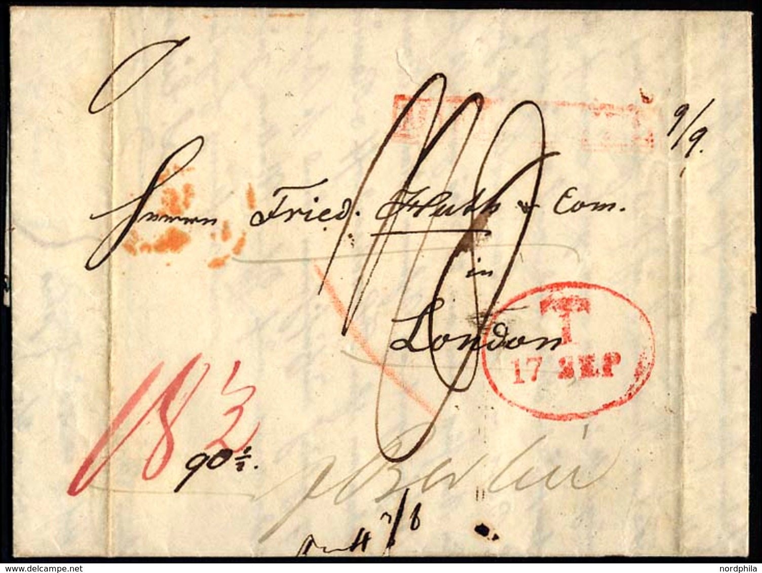 HAMBURG - GRENZÜBERGANGSSTEMPEL 1844, T 17 SEP, In Rot Auf Brief Von Meuritz (Polen) Nach London, Roter, Nicht Lesbarer  - Prephilately
