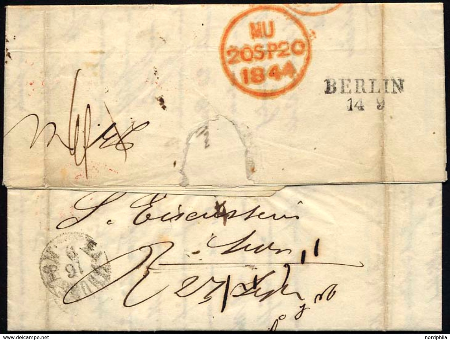 HAMBURG - GRENZÜBERGANGSSTEMPEL 1844, T 17 SEP, In Rot Auf Brief Von Meuritz (Polen) Nach London, Roter, Nicht Lesbarer  - Precursores