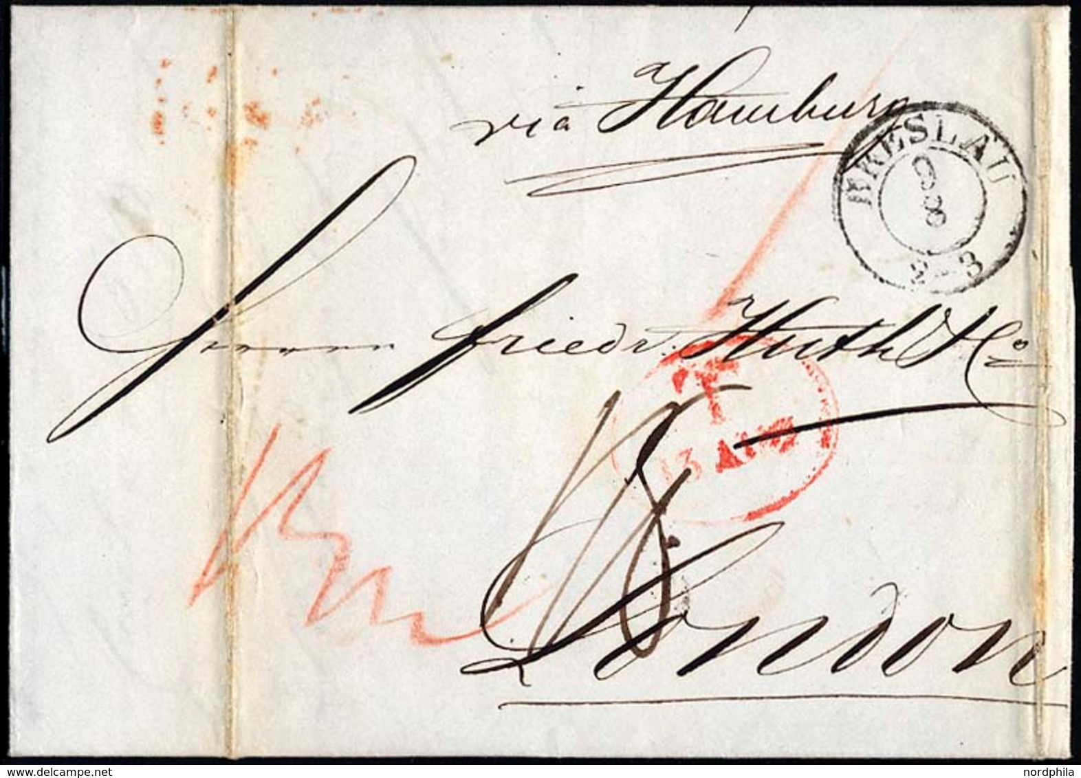 HAMBURG 1844, T 13 AUG, Rote Sonderform Auf Brief Von Breslau (K2) NachLondon, Rückseitiger Durchgangsstempel Von Hambur - Prephilately