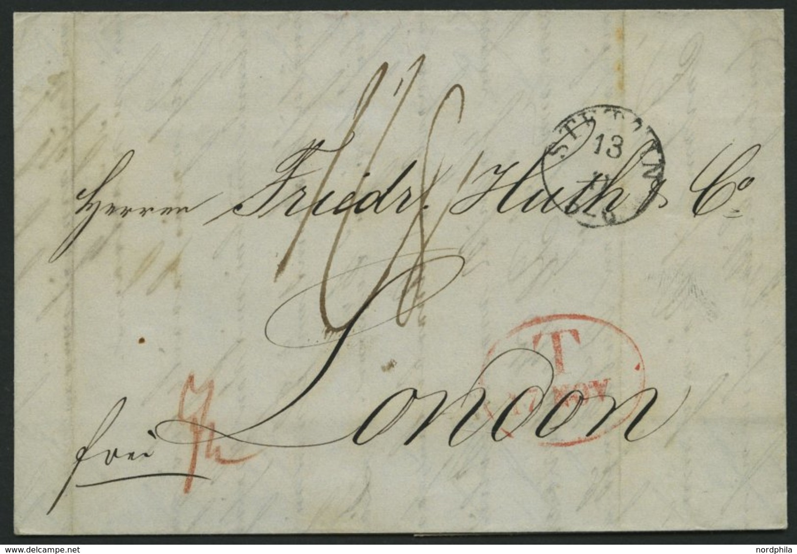 HAMBURG - GRENZÜBERGANGSSTEMPEL 1846, T 17 NOV, In Rot Auf Brief Von Stettin (K1) über Hamburg (rückseitiger K1) Nach Lo - Prephilately