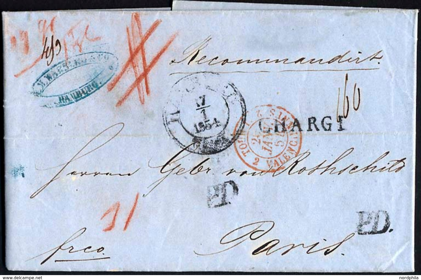 HAMBURG - GRENZÜBERGANGSSTEMPEL 1854, CHARGÉ, Schwarzer L1 Und 2x P.D. Auf Recommandirt-Brief Von Hamburg Th&T (K2) Nach - Prephilately