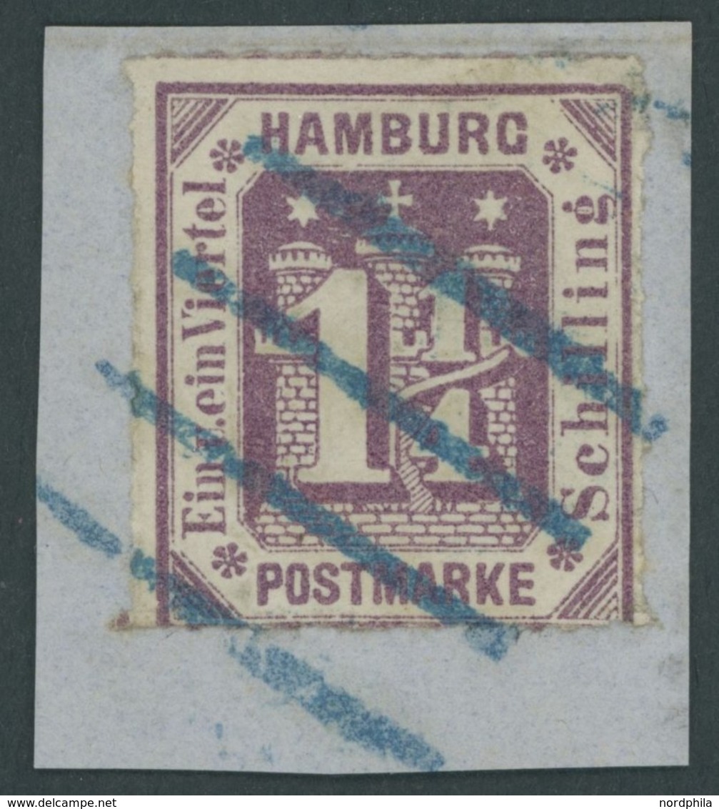 HAMBURG 20a BrfStk, 1866, 11/4 S. Dunkelbraunviolett Mit Blauem Dicken Vierstrichstempel, Kabinettbriefstück - Hamburg (Amburgo)