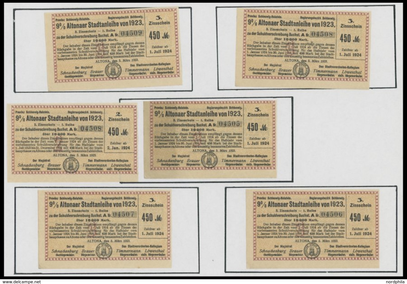 HAMBURG 1923, 9% Altonaer Stadtanleihe-Scheine, 6 Durchnummerierte Zinsscheine, Pracht - Hamburg