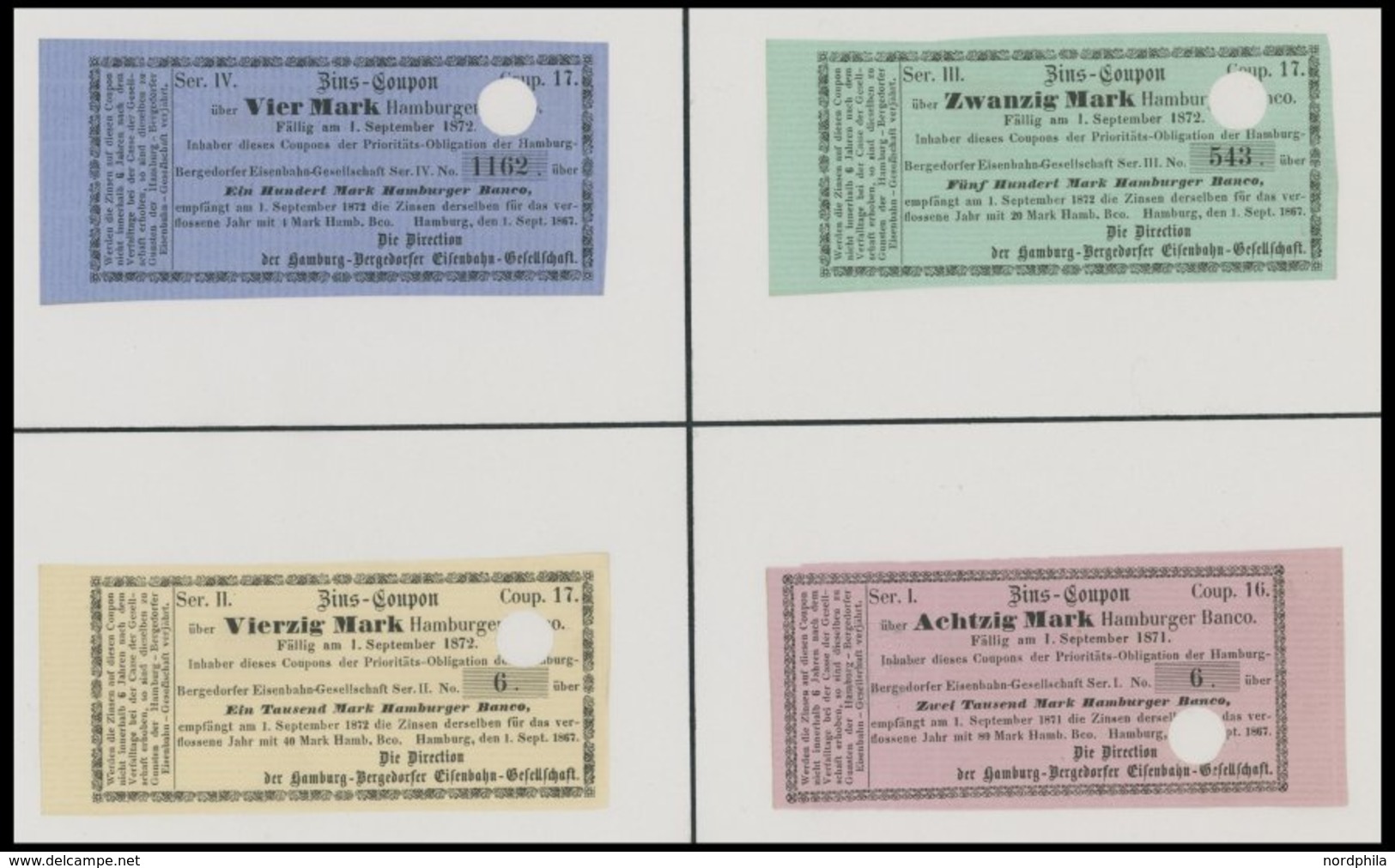 HAMBURG 1871/2, 12 Verschiedene Zins-Coupon-Scheine Der Hamburg-Bergedorfer Eisenbahn-Gesellschaft, Pracht - Hamburg (Amburgo)