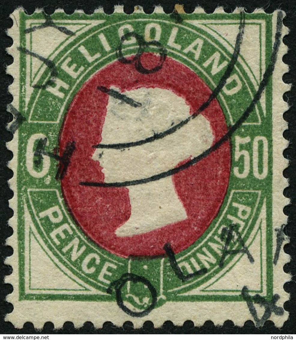 HELGOLAND 16aI O, 1875, 50 Pf. Grün/dunkellilakarmin Mit Plattenfehler Weißer Punkt An Wertziffer 6, Rundstempel, Ein Br - Helgoland