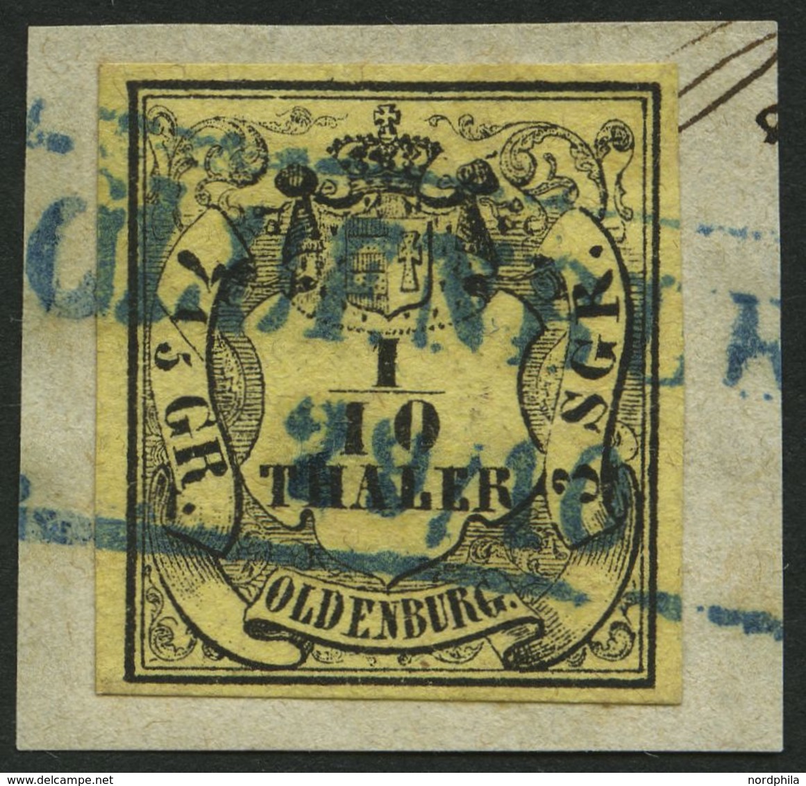 OLDENBURG 4a BrfStk, 1852, 1/10 Th. Schwarz Auf Hellgelb, Blauer R2 OLDENBURG, Prachtbriefstück, Mi. 120.- - Oldenburg