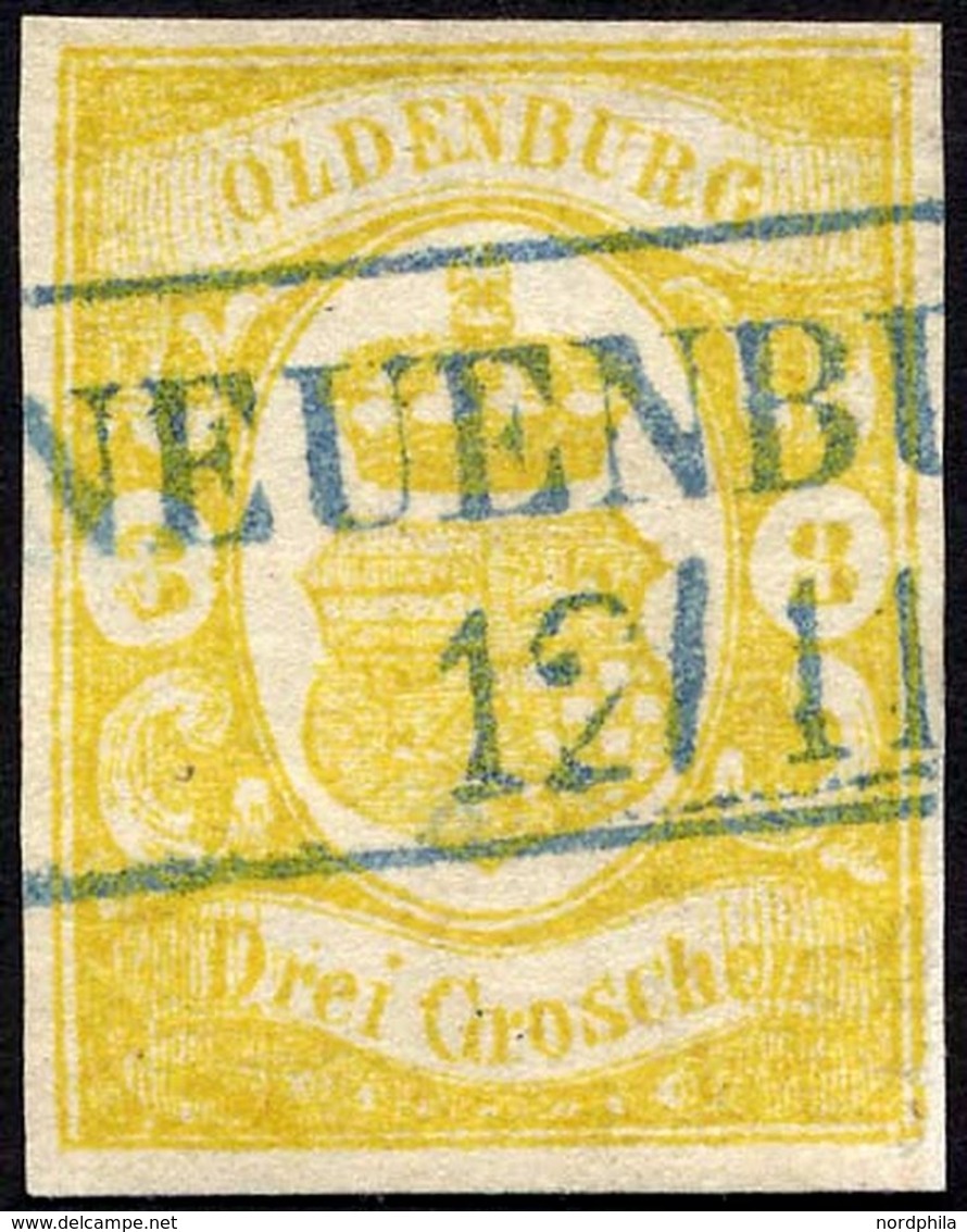 OLDENBURG 14 O, 1861, 3 Gr. Graugelb, Blauer R2 NEUENBURG!, 2 Kleine Rückseitige Aufhellungen, Bildseitig Kabinett, Mi.  - Oldenbourg