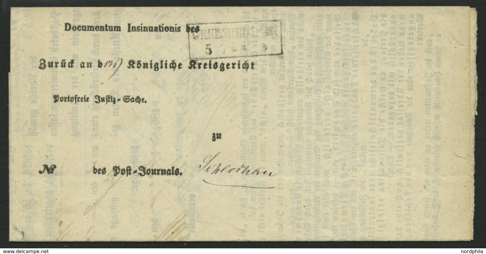 PREUSSEN GRUENCHOTZEN, R2 Auf Postbehändigungsschein (1865), Innen Mit Krone-Posthornstempel, Pracht - Altri & Non Classificati