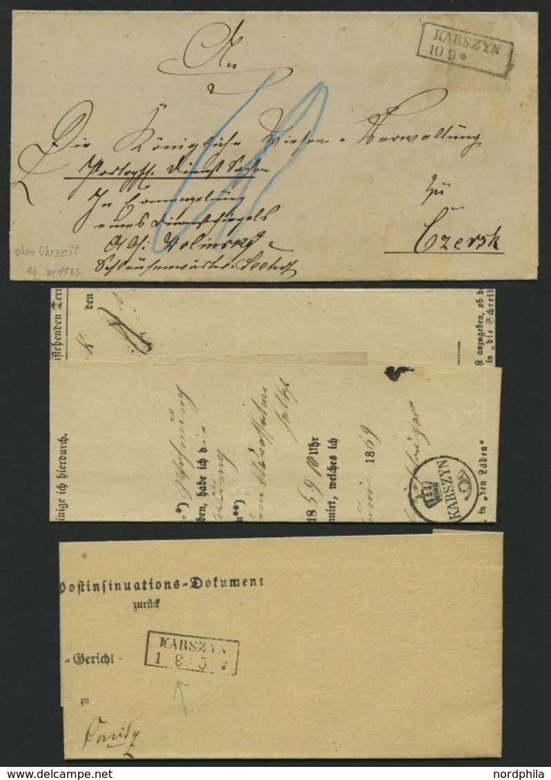 PREUSSEN KARSZYN, 4 Verschiedene Belege Von 1863-69, Dabei 3x Krone-Posthornstempel, Pracht - Sonstige & Ohne Zuordnung