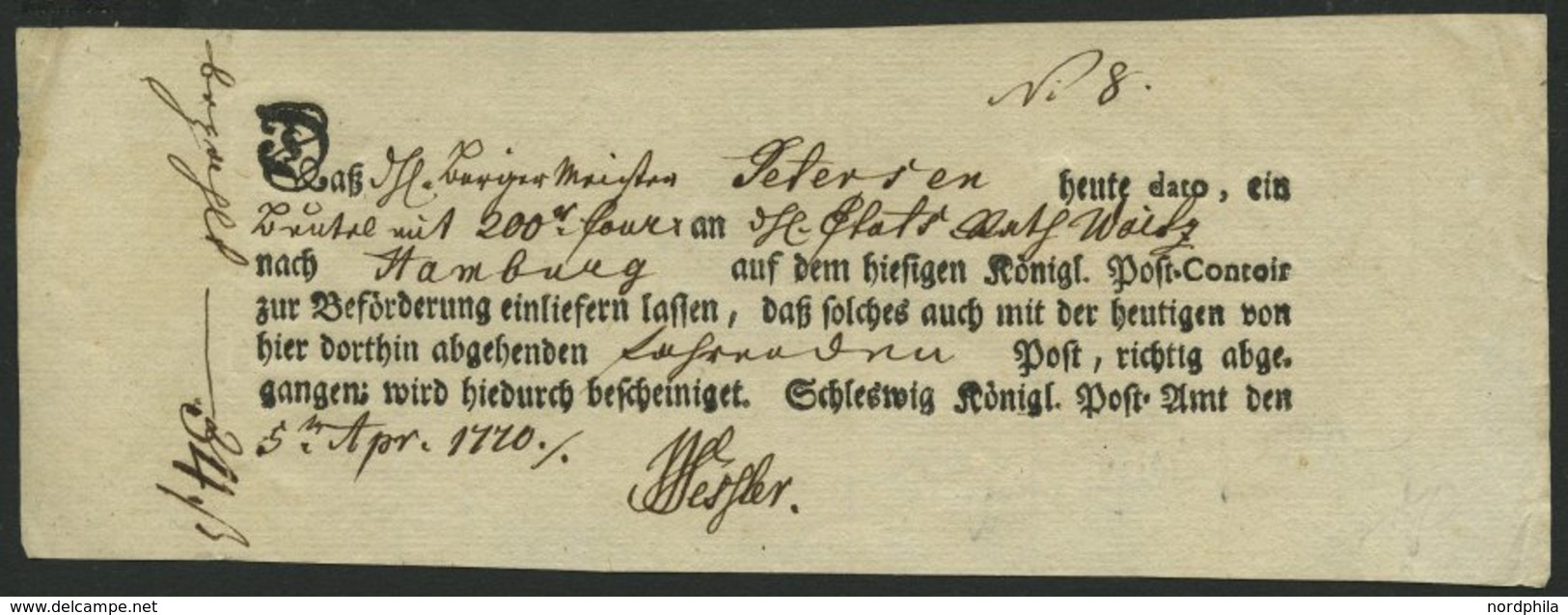 SCHLESWIG-HOLSTEIN SCHLESWIG, Ortsdruck Auf Einlieferungsschein (1770), Pracht - Schleswig-Holstein