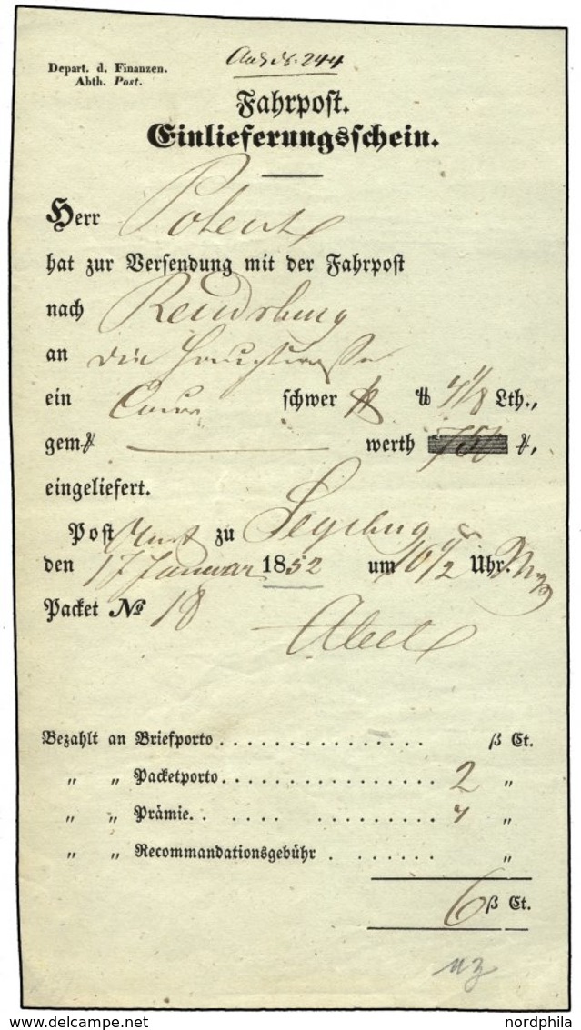 SCHLESWIG-HOLSTEIN SEGEBERG, Handschriftlich Auf Fahrpost-Einlieferungsschein (1852), Pracht - Schleswig-Holstein