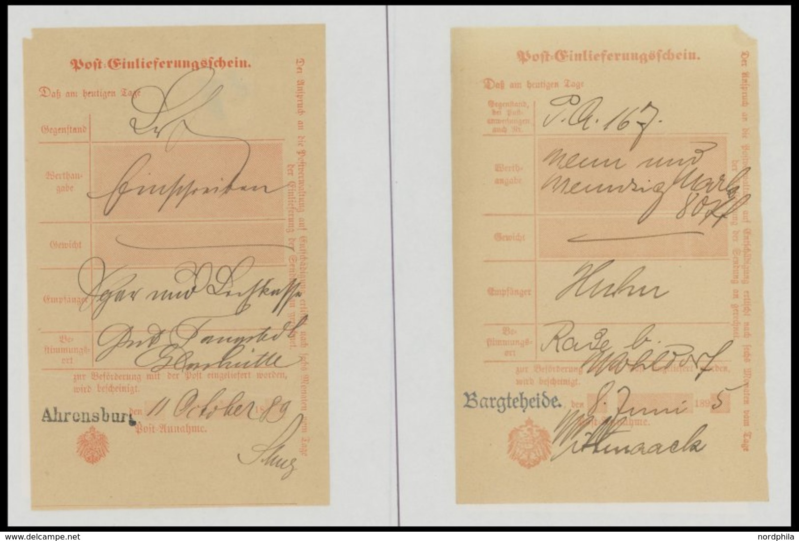 SCHLESWIG-HOLSTEIN 1889-1916, 8 Verschiedene Post-Einlieferungsscheine Von Ahrensburg, Bargteheide, Barmstedt Und Pinneb - Schleswig-Holstein