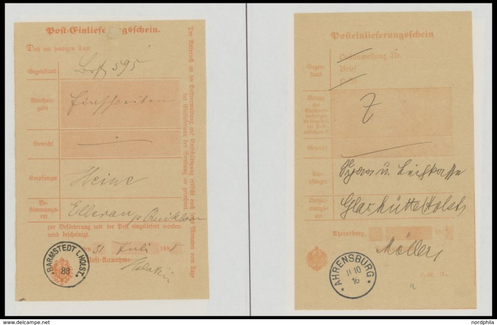 SCHLESWIG-HOLSTEIN 1889-1916, 8 Verschiedene Post-Einlieferungsscheine Von Ahrensburg, Bargteheide, Barmstedt Und Pinneb - Schleswig-Holstein